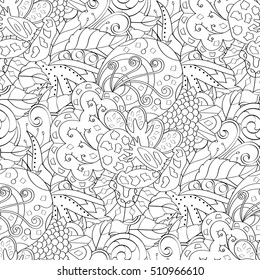 Tracery seamless calming pattern. Mehndi design. Ethnic monochrome binary doodle texture. Curved doodling black and white background. Vector.