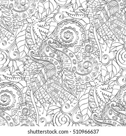 Tracery seamless calming pattern. Mehndi design. Ethnic monochrome binary doodle texture. Curved doodling black and white background. Vector.