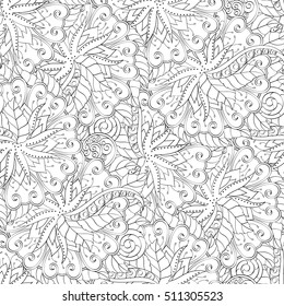 Tracery seamless calming pattern. Mehndi design. Ethnic monochrome binary doodle texture. Curved doodling black and white background. Vector.