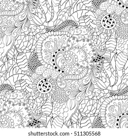 Tracery seamless calming pattern. Mehndi design. Ethnic monochrome binary doodle texture. Curved doodling black and white background. Vector.