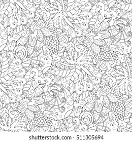 Tracery seamless calming pattern. Mehndi design. Ethnic monochrome binary doodle texture. Curved doodling black and white background. Vector.