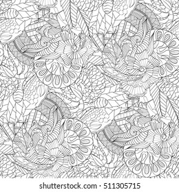 Tracery seamless calming pattern. Mehndi design. Ethnic monochrome binary doodle texture. Curved doodling black and white background. Vector.