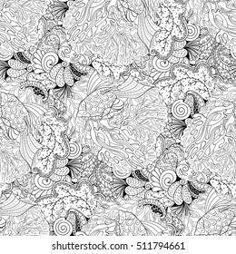 Tracery seamless calming pattern. Mehndi design. Ethnic monochrome binary doodle texture. Curved doodling black and white background. Vector.