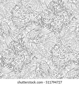 Tracery seamless calming pattern. Mehndi design. Ethnic monochrome binary doodle texture. Curved doodling black and white background. Vector.