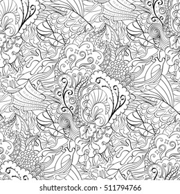 Tracery seamless calming pattern. Mehndi design. Ethnic monochrome binary doodle texture. Curved doodling black and white background. Vector.