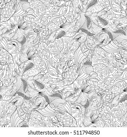 Tracery seamless calming pattern. Mehndi design. Ethnic monochrome binary doodle texture. Curved doodling black and white background. Vector.