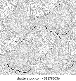 Tracery seamless calming pattern. Mehndi design. Ethnic monochrome binary doodle texture. Curved doodling black and white background. Vector.