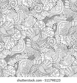 Tracery seamless calming pattern. Mehndi design. Ethnic monochrome binary doodle texture. Curved doodling black and white background. Vector.