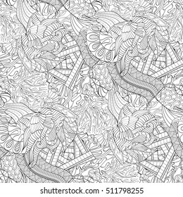 Tracery seamless calming pattern. Mehndi design. Ethnic monochrome binary doodle texture. Curved doodling black and white background. Vector.