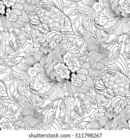Tracery seamless calming pattern. Mehndi design. Ethnic monochrome binary doodle texture. Curved doodling black and white background. Vector.