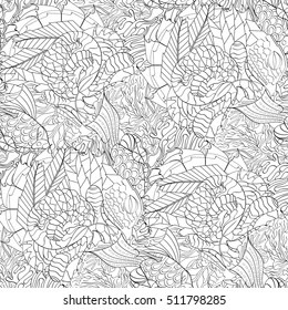Tracery seamless calming pattern. Mehndi design. Ethnic monochrome binary doodle texture. Curved doodling black and white background. Vector.