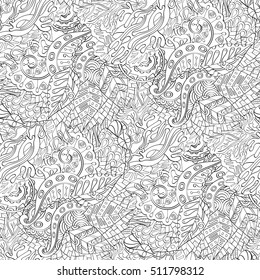 Tracery seamless calming pattern. Mehndi design. Ethnic monochrome binary doodle texture. Curved doodling black and white background. Vector.