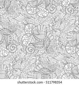 Tracery seamless calming pattern. Mehndi design. Ethnic monochrome binary doodle texture. Curved doodling black and white background. Vector.