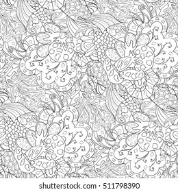 Tracery seamless calming pattern. Mehndi design. Ethnic monochrome binary doodle texture. Curved doodling black and white background. Vector.