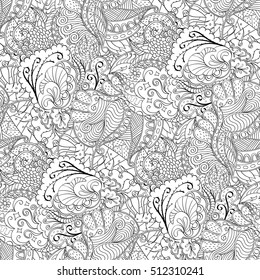 Tracery seamless calming pattern. Mehndi design. Ethnic monochrome binary doodle texture. Curved doodling black and white background. Vector.