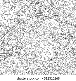 Tracery seamless calming pattern. Mehndi design. Ethnic monochrome binary doodle texture. Curved doodling black and white background. Vector.