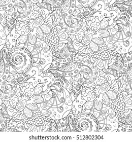 Tracery seamless calming pattern. Mehndi design. Ethnic monochrome binary doodle texture. Curved doodling black and white background. Vector.