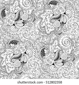 Tracery seamless calming pattern. Mehndi design. Ethnic monochrome binary doodle texture. Curved doodling black and white background. Vector.
