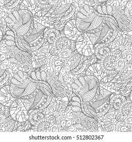 Tracery seamless calming pattern. Mehndi design. Ethnic monochrome binary doodle texture. Curved doodling black and white background. Vector.