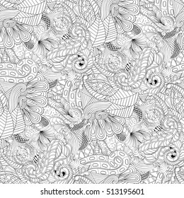 Tracery seamless calming pattern. Mehndi design. Ethnic monochrome binary doodle texture. Curved doodling black and white background. Vector.