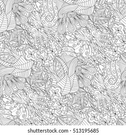 Tracery seamless calming pattern. Mehndi design. Ethnic monochrome binary doodle texture. Curved doodling black and white background. Vector.