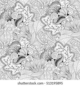Tracery seamless calming pattern. Mehndi design. Ethnic monochrome binary doodle texture. Curved doodling black and white background. Vector.