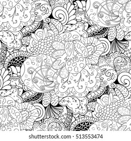 Tracery seamless calming pattern. Mehndi design. Ethnic monochrome binary doodle texture. Curved doodling black and white background. Vector.