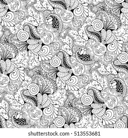 Tracery seamless calming pattern. Mehndi design. Ethnic monochrome binary doodle texture. Curved doodling black and white background. Vector.
