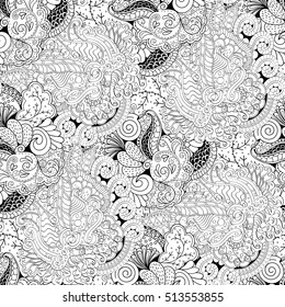 Tracery seamless calming pattern. Mehndi design. Ethnic monochrome binary doodle texture. Curved doodling black and white background. Vector.