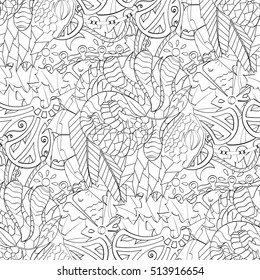 Tracery seamless calming pattern. Mehndi design. Ethnic monochrome binary doodle texture. Curved doodling black and white background. Vector.
