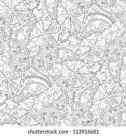 Tracery seamless calming pattern. Mehndi design. Ethnic monochrome binary doodle texture. Curved doodling black and white background. Vector.