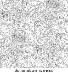Tracery seamless calming pattern. Mehndi design. Ethnic monochrome binary doodle texture. Curved doodling black and white background. Vector.