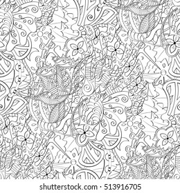 Tracery seamless calming pattern. Mehndi design. Ethnic monochrome binary doodle texture. Curved doodling black and white background. Vector.