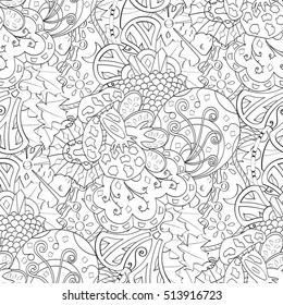 Tracery seamless calming pattern. Mehndi design. Ethnic monochrome binary doodle texture. Curved doodling black and white background. Vector.