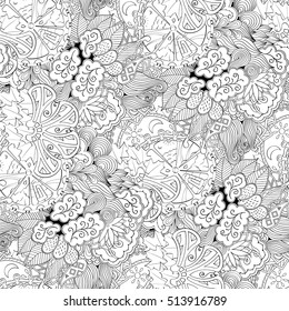 Tracery seamless calming pattern. Mehndi design. Ethnic monochrome binary doodle texture. Curved doodling black and white background. Vector.