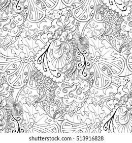 Tracery seamless calming pattern. Mehndi design. Ethnic monochrome binary doodle texture. Curved doodling black and white background. Vector.