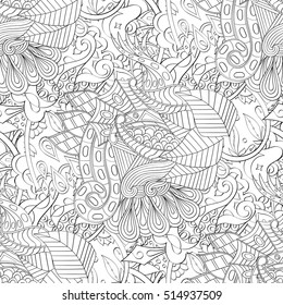 Tracery seamless calming pattern. Mehndi design. Ethnic monochrome binary doodle texture. Curved doodling black and white background. Vector.