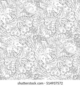 Tracery seamless calming pattern. Mehndi design. Ethnic monochrome binary doodle texture. Curved doodling black and white background. Vector.