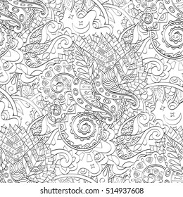 Tracery seamless calming pattern. Mehndi design. Ethnic monochrome binary doodle texture. Curved doodling black and white background. Vector.