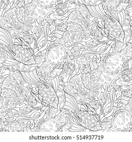 Tracery seamless calming pattern. Mehndi design. Ethnic monochrome binary doodle texture. Curved doodling black and white background. Vector.