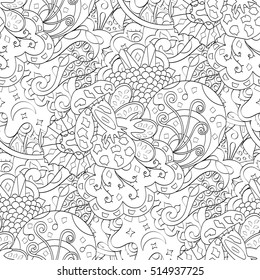 Tracery seamless calming pattern. Mehndi design. Ethnic monochrome binary doodle texture. Curved doodling black and white background. Vector.