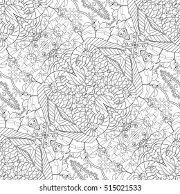 Tracery seamless calming pattern. Mehndi design. Ethnic monochrome binary doodle texture. Curved doodling black and white background. Vector.