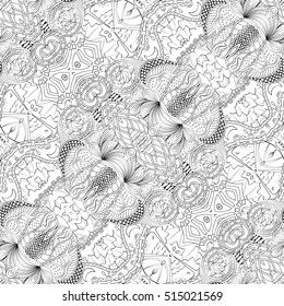 Tracery seamless calming pattern. Mehndi design. Ethnic monochrome binary doodle texture. Curved doodling black and white background. Vector.