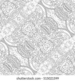 Tracery seamless calming pattern. Mehndi design. Ethnic monochrome binary doodle texture. Curved doodling black and white background. Vector.