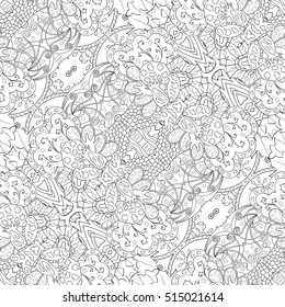 Tracery seamless calming pattern. Mehndi design. Ethnic monochrome binary doodle texture. Curved doodling black and white background. Vector.