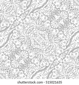 Tracery seamless calming pattern. Mehndi design. Ethnic monochrome binary doodle texture. Curved doodling black and white background. Vector.