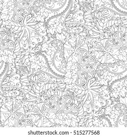 Tracery seamless calming pattern. Mehndi design. Ethnic monochrome binary doodle texture. Curved doodling black and white background. Vector.