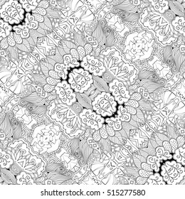 Tracery seamless calming pattern. Mehndi design. Ethnic monochrome binary doodle texture. Curved doodling black and white background. Vector.