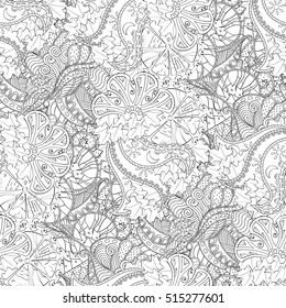 Tracery seamless calming pattern. Mehndi design. Ethnic monochrome binary doodle texture. Curved doodling black and white background. Vector.