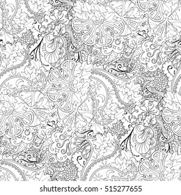 Tracery seamless calming pattern. Mehndi design. Ethnic monochrome binary doodle texture. Curved doodling black and white background. Vector.
